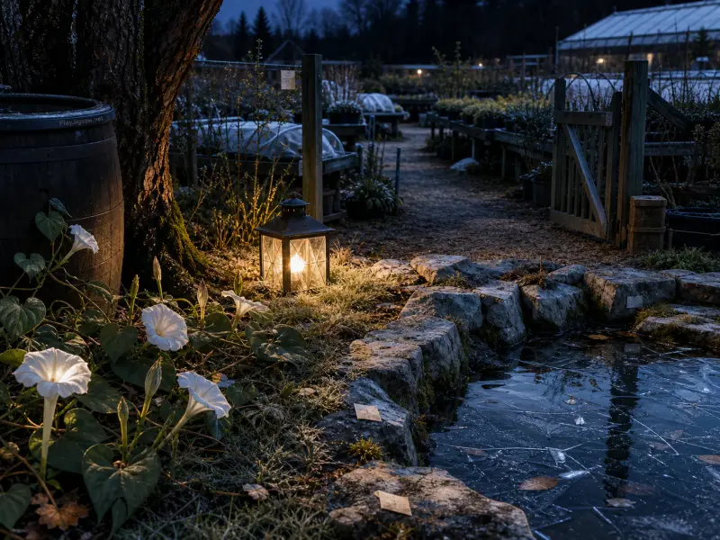 A glowing lantern sits beside a frozen stone pond with blooming white flowers in a chilly twilight garden nursery.