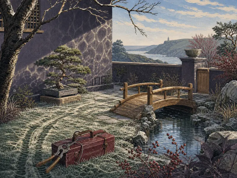 A coastal courtyard garden with an arched wooden footbridge, a bonsai tree, and pruning tools on frosted grass.
