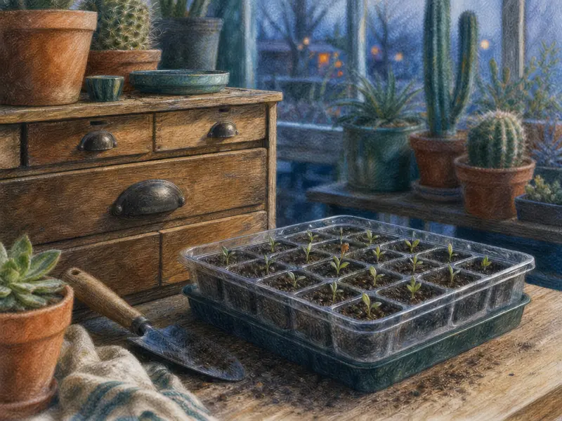 A plastic tray of tiny sprouts on a wooden potting bench with a trowel, cactus pots, and a misty window.
