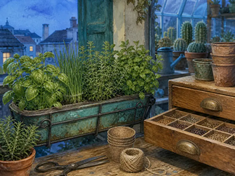 Fresh herbs grow in a window planter next to an open drawer of seeds, twine, and scissors on a wooden workbench.