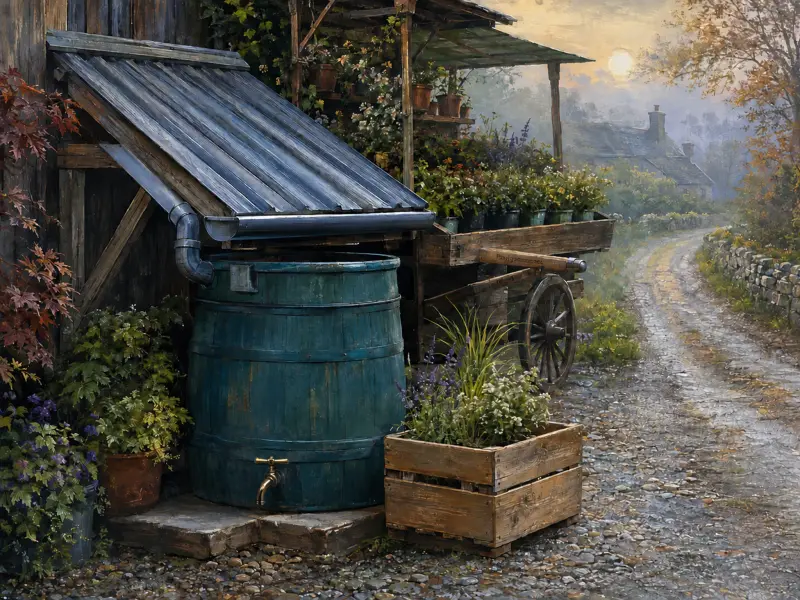 A teal rain barrel and a wooden cart filled with flowers sit alongside a winding gravel country lane at dawn.