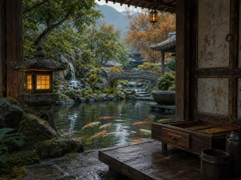 Colorful koi fish swim in a Japanese garden pond with a glowing stone lantern, viewed from a wooden porch.