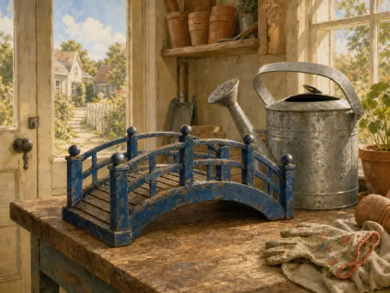 A miniature blue arched wooden bridge and galvanized watering can rest on a rustic workbench inside a potting shed.