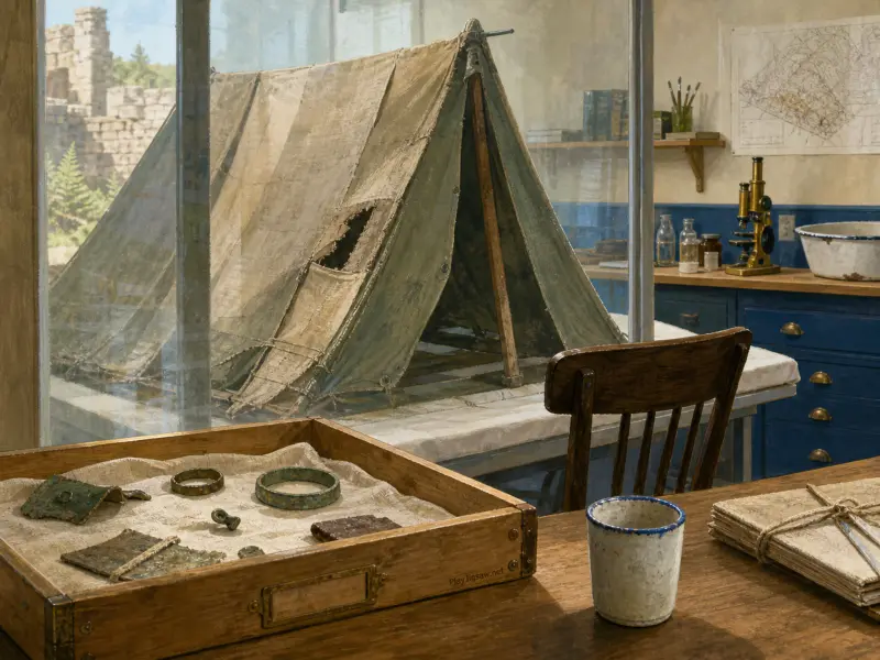 Ancient bronze relics in a wooden tray on an archaeologist desk near a canvas tent display and brass microscope.
