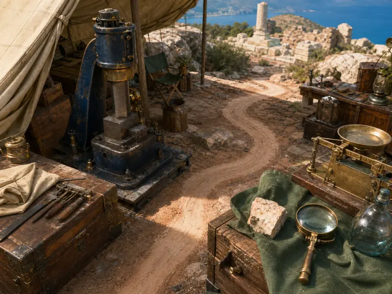 Archaeological tools, scales, and a blue press at an outdoor camp overlooking hillside ruins and the blue sea.