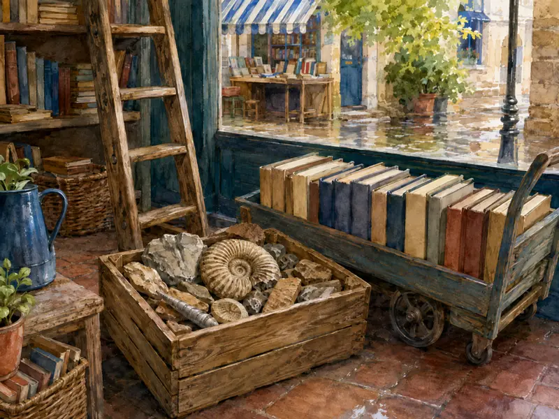 A crate of ammonite fossils and a cart full of antique books sit beside a large window looking onto a sunny street.