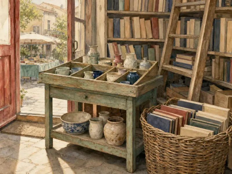 A sunlit antique shop interior featuring a wooden display table with ceramics, a basket of books, and full bookshelves.
