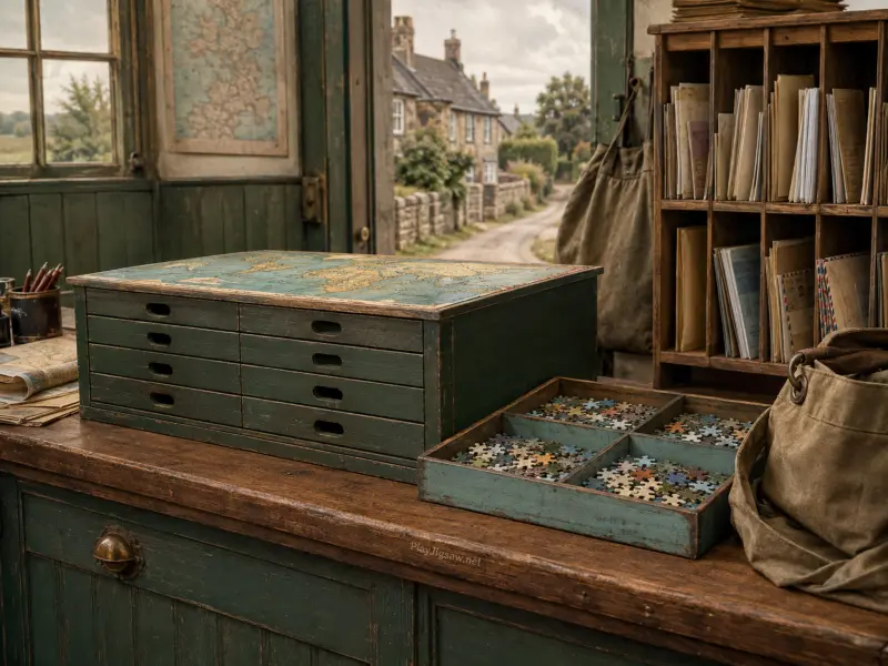 A green wooden map chest and puzzle tray on a counter looking out at a quaint stone village street.