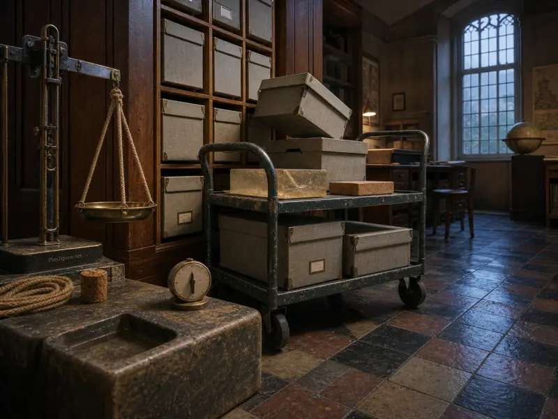 An archive room featuring a brass balance scale, a rolling cart with storage boxes, and an arched window.