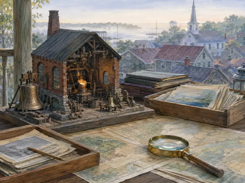 A miniature diorama of a bell foundry on a desk with maps and a magnifying glass overlooking a coastal harbor town.