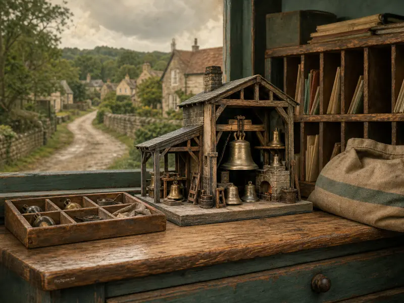 A miniature wooden bell foundry model on a workbench beside an open window overlooking an old stone village.
