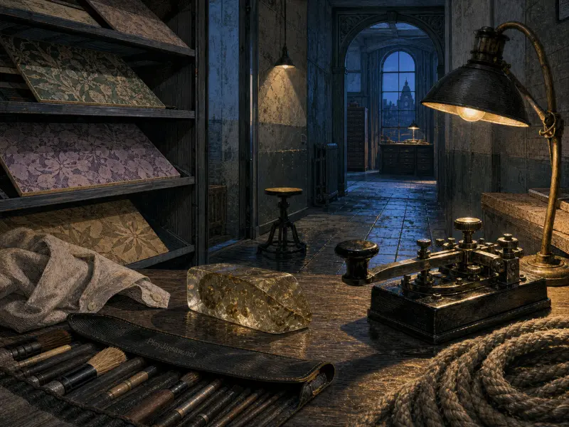 A vintage telegraph key and brush roll on a wooden desk beside shelves of patterned printing tiles at night.
