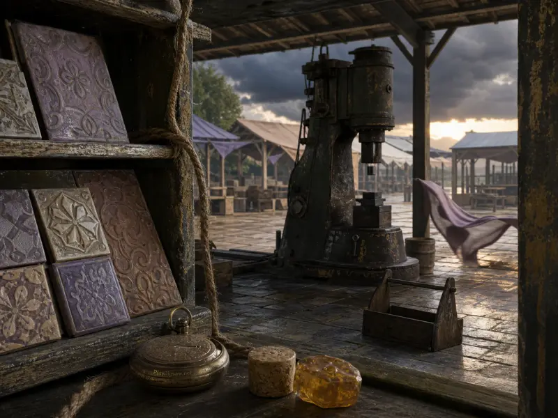 An antique power hammer under an open wooden shelter with decorative tiles, a brass compass, and a courtyard beyond.