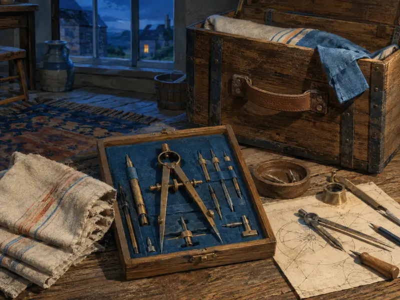 An antique brass drafting set in a blue velvet case resting on a rustic wooden table beside an open trunk.