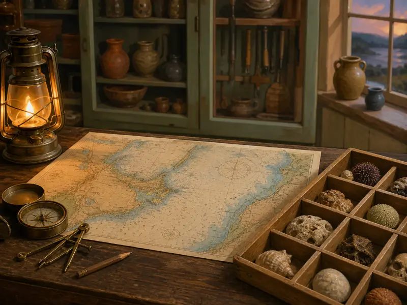 A nautical chart on a wooden table with a brass lantern, compass, and wooden tray of seashells.
