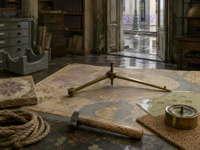 Brass drafting compass and surveying tools laid out on an old map next to open doors facing a wet courtyard.