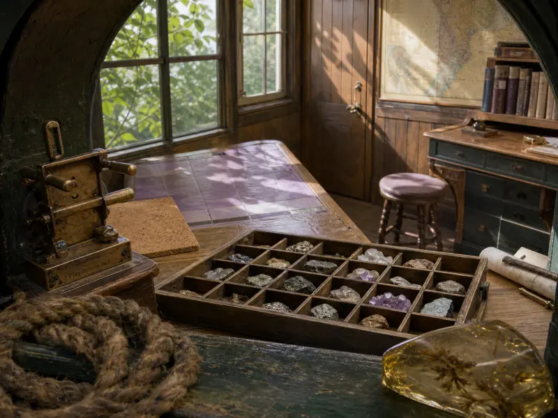 A wooden study desk with a divided tray of mineral specimens, brass instrument, and window overlooking trees.
