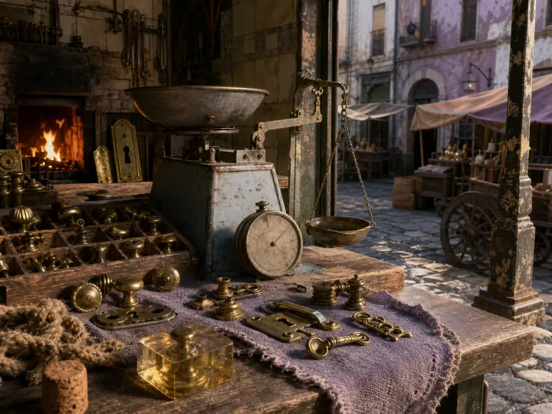 Polished brass doorknobs, keys, and an antique balance scale on a wooden counter overlooking a cobblestone market square.