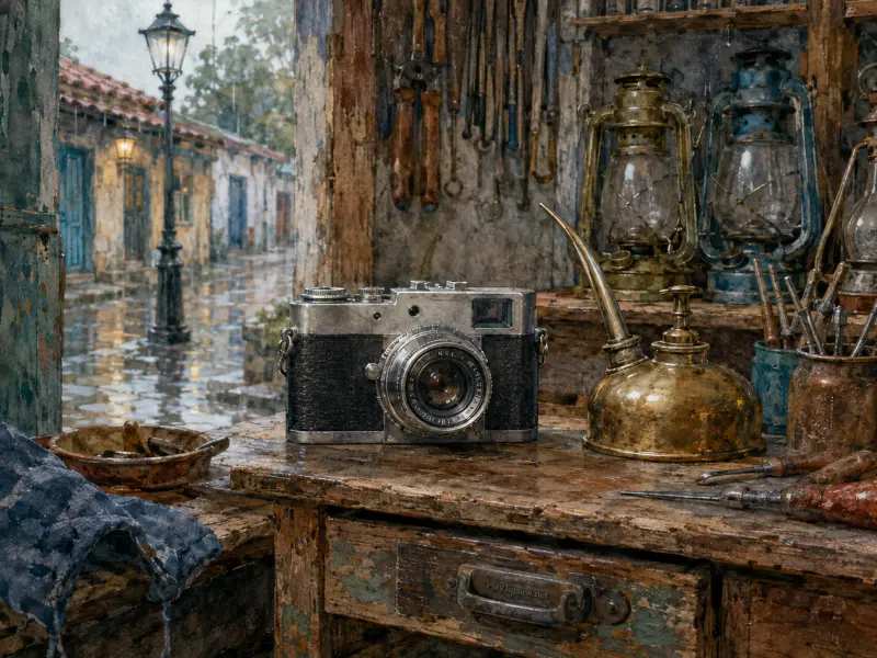 Vintage camera and brass oil can on a weathered workbench overlooking a rainy cobblestone street with glowing lampposts.