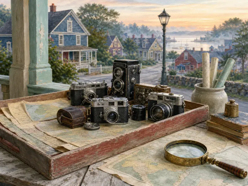 Vintage cameras, antique maps, and a brass magnifying glass on a porch overlooking a seaside village at sunset.