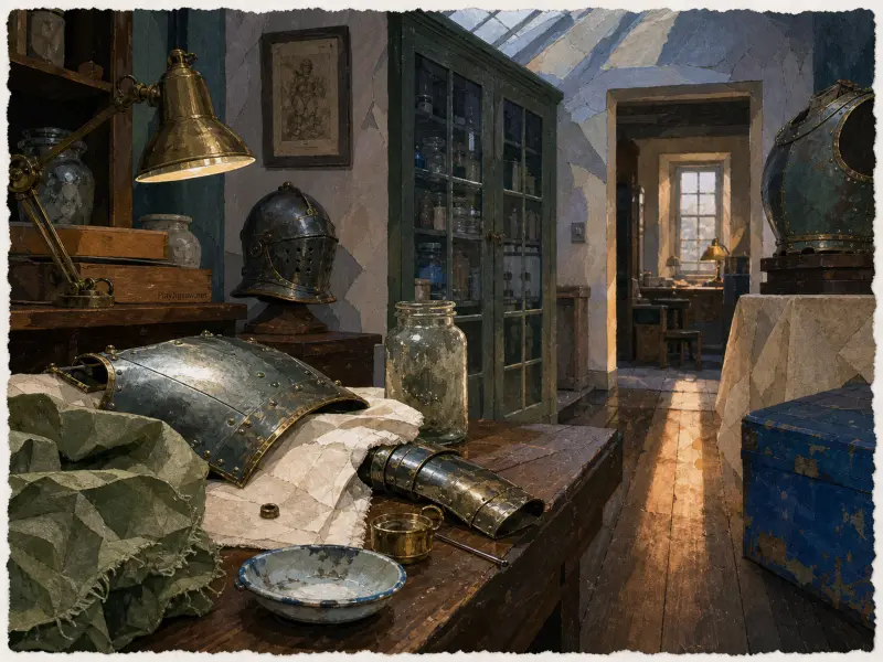 Pieces of medieval steel armor, jars, and a brass lamp resting on a wooden table in a sunlit conservation studio.