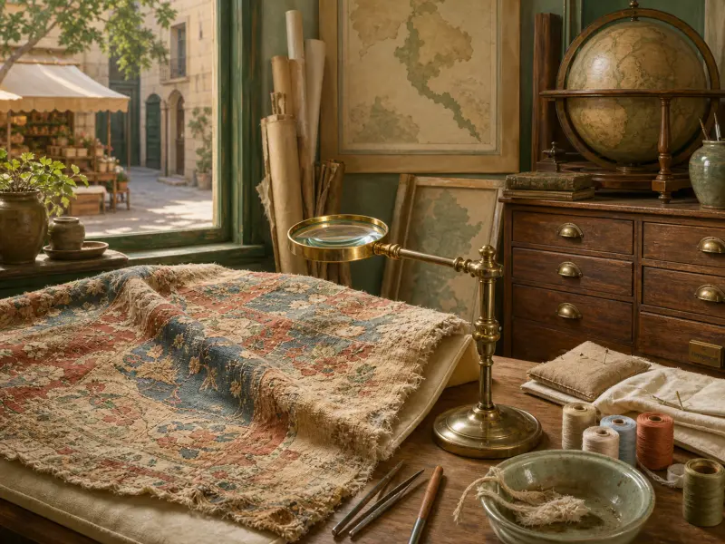 Antique floral tapestry laid out on a conservator desk with a brass magnifying lamp, thread spools, and a globe.