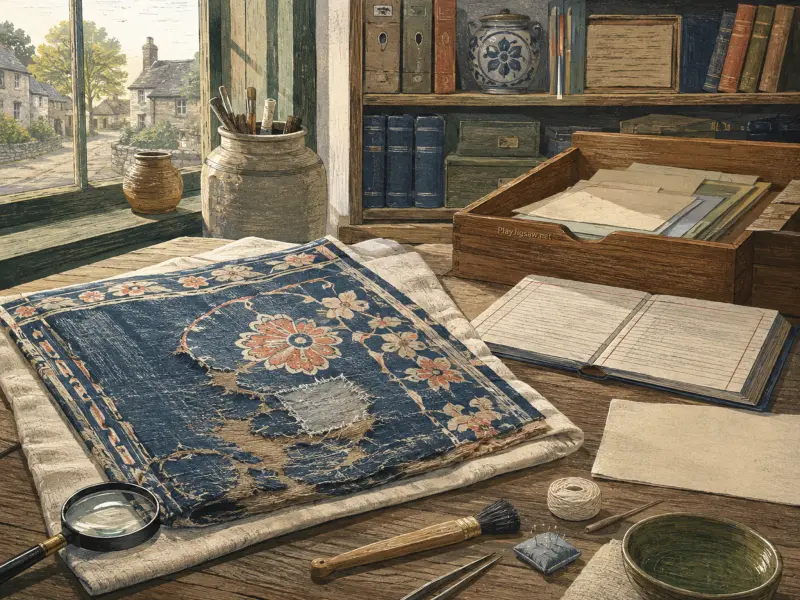 Antique blue floral textile being restored with tools on a wooden desk beside a window overlooking a village.