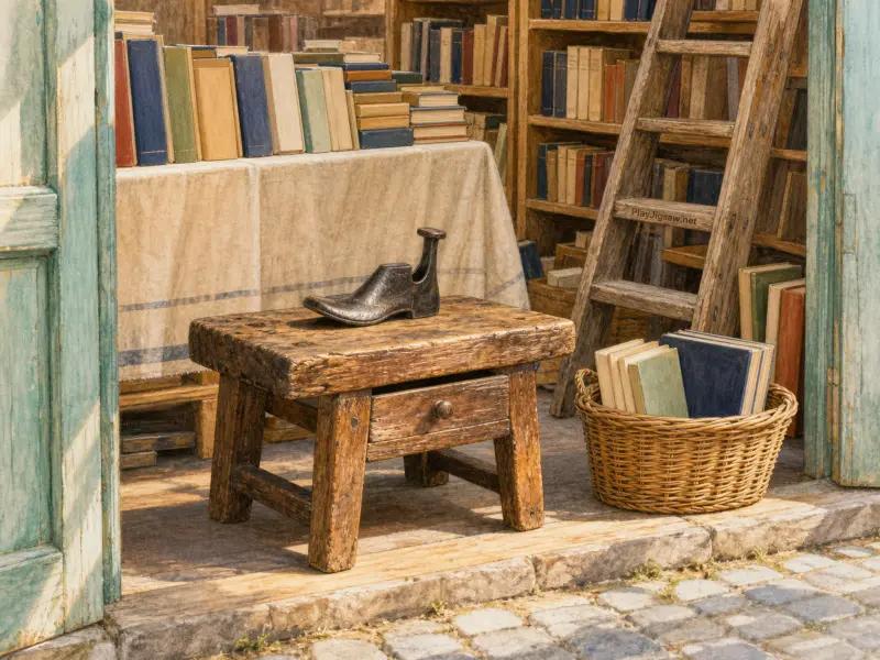 An iron shoemaker's last on a wooden bench outside a cozy bookshop filled with shelves of old books.