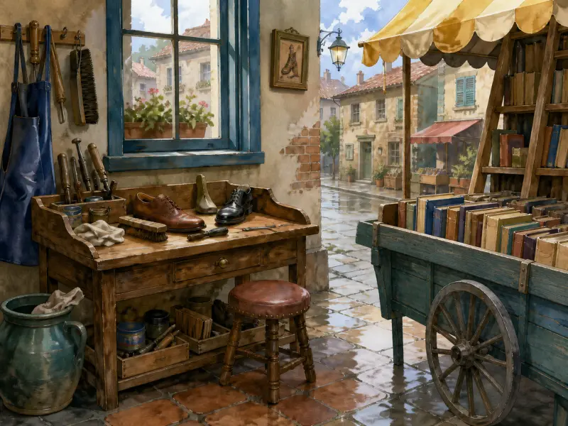 Cobbler workbench with leather shoes and tools set next to an outdoor wheeled wooden book cart on a wet street.