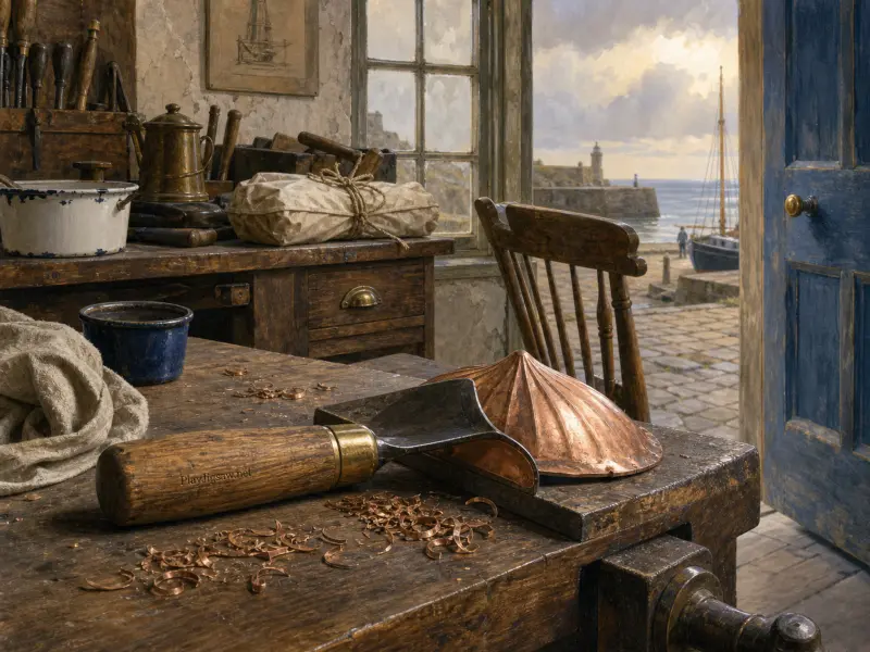 A craftsman workbench with copper pieces and tools inside a rustic workshop overlooking a coastal harbor and lighthouse.