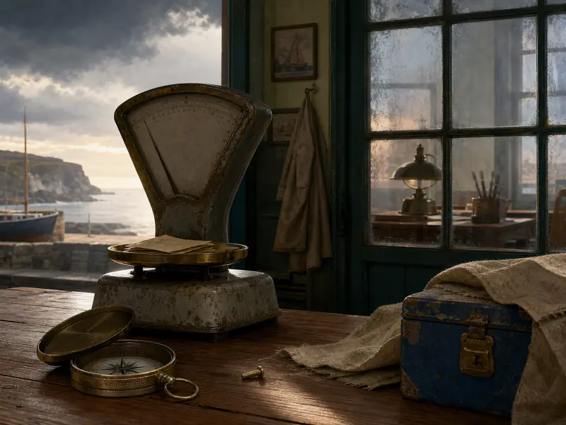 An antique scale, compass, and blue chest sit on a wooden desk overlooking a rocky coastal harbor.