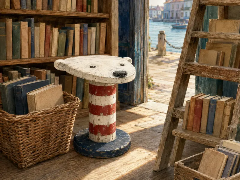 A painted polar bear wooden stool stands in a rustic seaside library overlooking a sunny harbor.