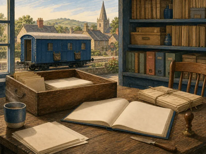 A postmaster desk with an open ledger and letters overlooking a blue railway mail car and stone village steeple outside.