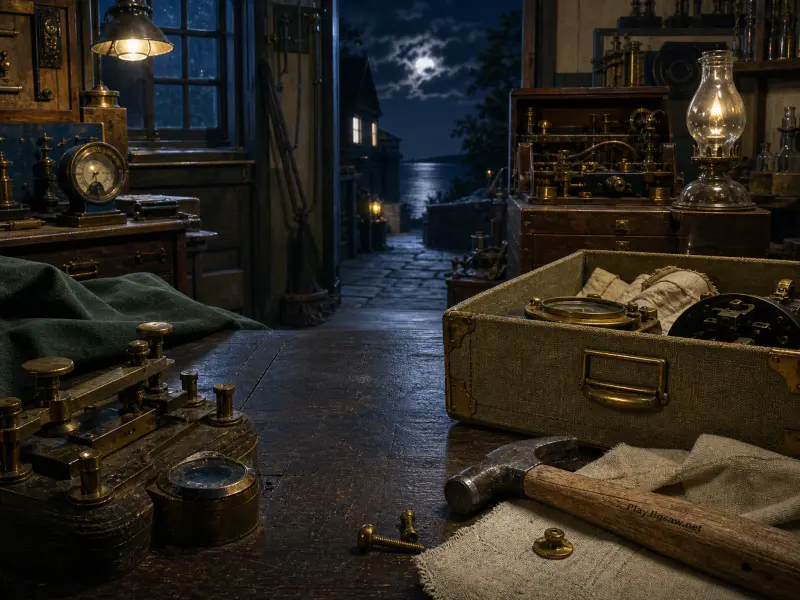 A vintage telegraph workbench with a brass Morse key and tools overlooking a moonlit harbor through an open door.
