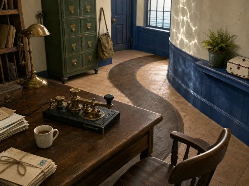 Vintage telegraph key and tied letters on a wooden desk inside an office with sea reflections dancing across the wall.