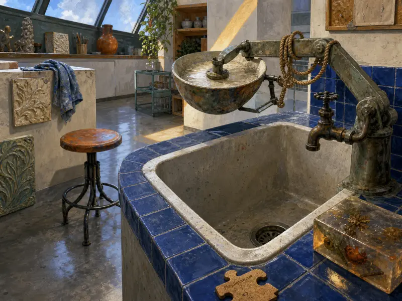 Art studio washbasin trimmed in blue tiles with an articulated faucet arm, stool, and skylight window.