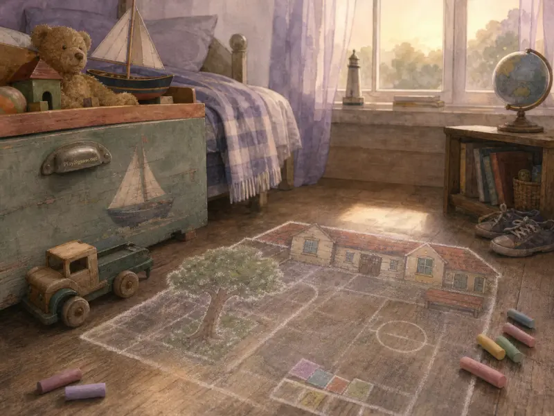 Chalk drawing of a schoolhouse on a wooden bedroom floor beside toys, a toy chest, and a window.