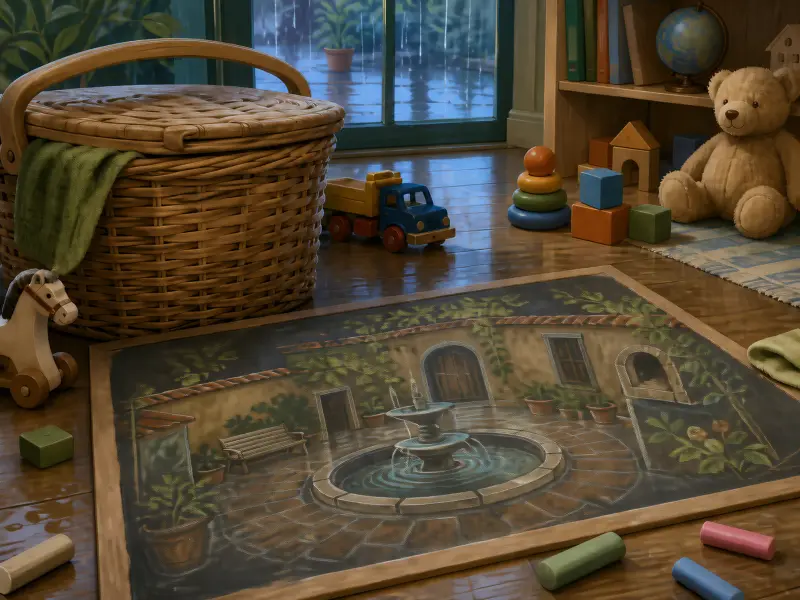 A chalkboard drawing of a fountain on a wooden floor surrounded by toys, a wicker hamper, and a rainy window.