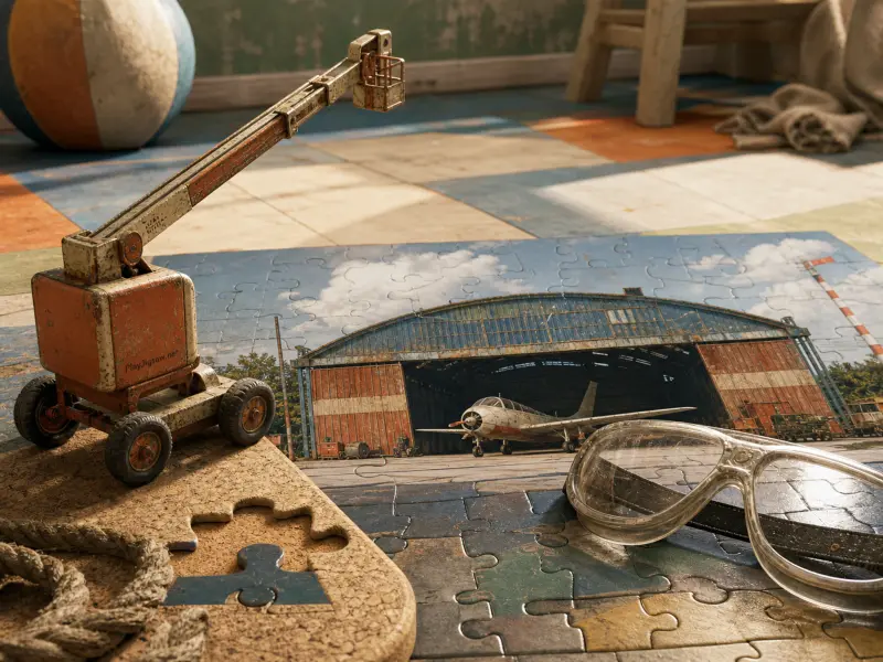 A vintage toy crane truck, goggles, and an airplane hangar picture resting on a checkered playroom floor.