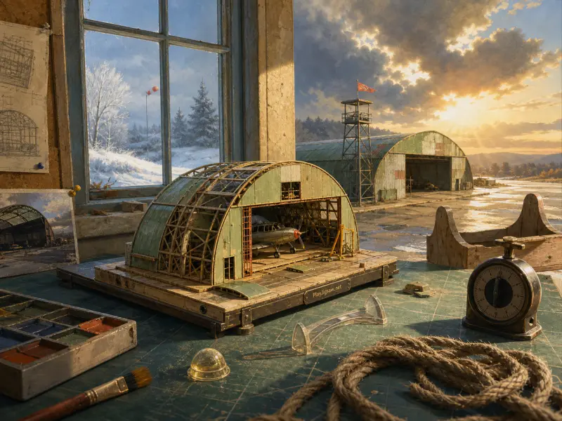 A scale model of an airplane hangar on a workbench overlooking a snowy airfield and full-sized hangar at sunset.