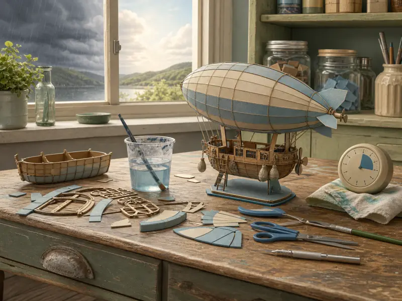 A detailed model airship sits on a wooden workbench surrounded by craft tools, pieces, and a rainy window view.