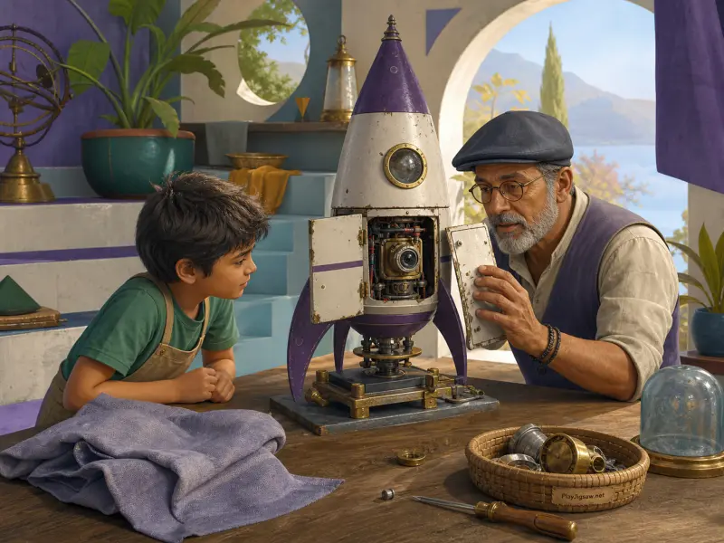 An elderly craftsman shows a young boy the internal gears of a purple and white model rocket on a workbench.