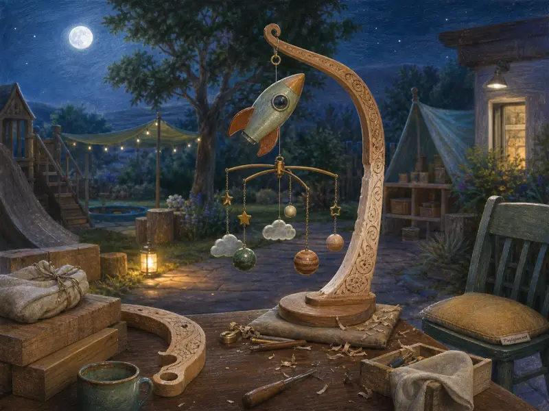 A handcrafted wooden rocket mobile stands on a workshop table in a garden under a full moon.