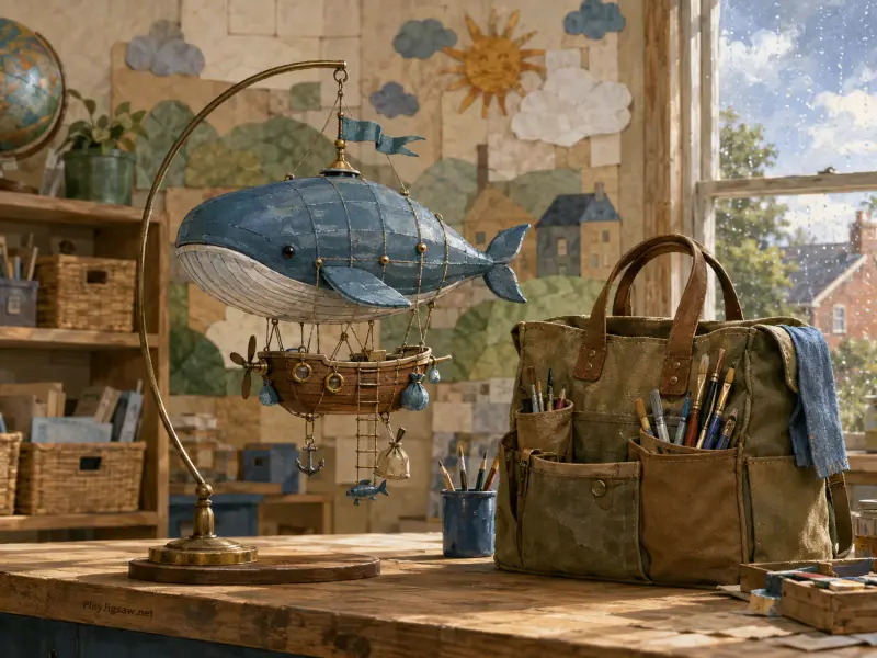 A blue whale airship mobile hanging from a brass stand next to a canvas tool bag filled with paintbrushes.