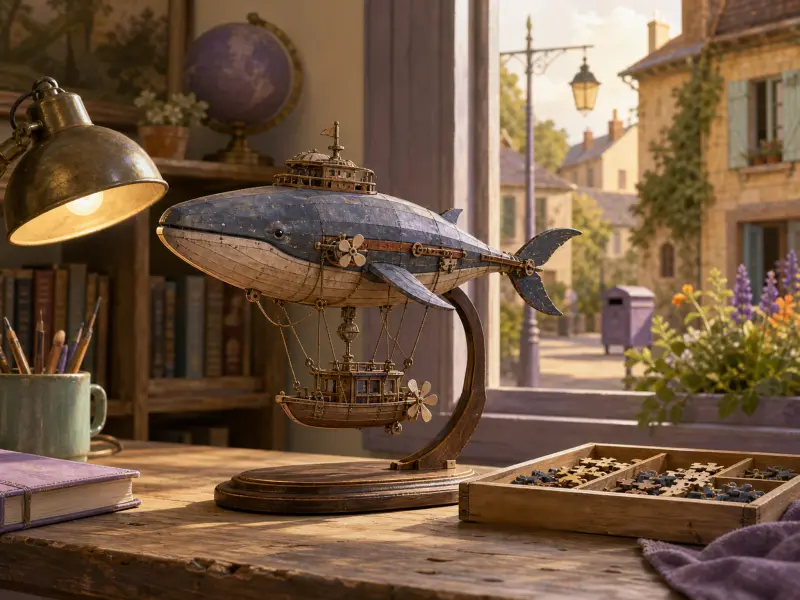 A handcrafted wooden whale airship model rests on a rustic desk next to a sunny window overlooking a stone village.