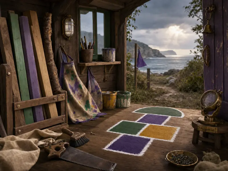 A colorful hopscotch grid drawn on a wooden workshop floor overlooking a cloudy sea.