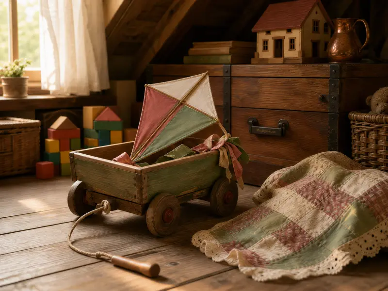 A small wooden toy wagon carrying a fabric kite on wooden floorboards beside a patchwork blanket.