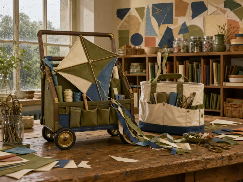 Diamond cloth kite inside a wheeled crafting wagon next to a canvas tote on a wooden workbench.