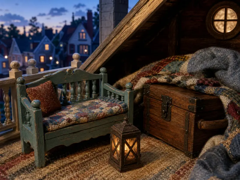 A miniature dollhouse attic balcony with a turquoise bench, glowing lantern, and view of a twilight town.