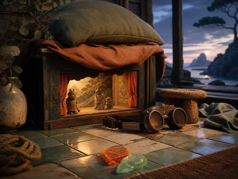 Miniature puppet theater with animal figures set on a tiled terrace overlooking a tranquil sea at dusk.